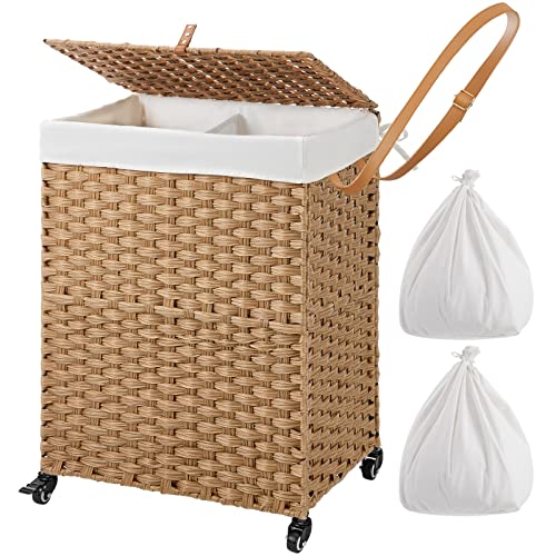 GREENSTELL Laundry Hamper with Wheels & 2 Removable Liner Bags, 90L Divided Handwoven Hampers, Synthetic Rattan Clothes Laundry Basket with Lid & Handles, Foldable Hampers Natural 18x13x26.4 in