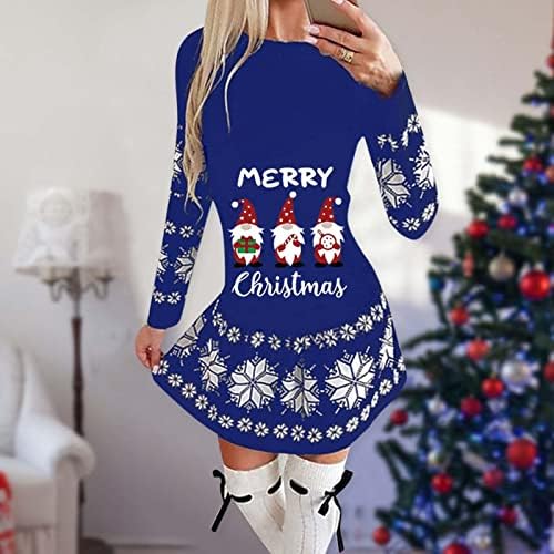 Kerstjurk voor dames, lange mouwen, A-lijn, sexy ronde hals, sweatshirt, kersttrui, jurk, winter, kerstthema, mini-jurk, slim fit, party, shirtjurken, blousejurken, blauw 2, S