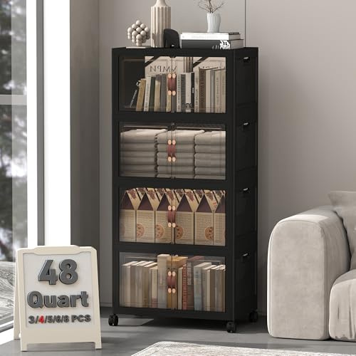 Image of UAMFURI 192QT Lockable Plastic Storage Bins, 4 Pack Collapsible Cabinets | Stackable Organizer with Doors & Wheels, Foldable Containers for Bedroom, Dorm, Office & Garage Storage