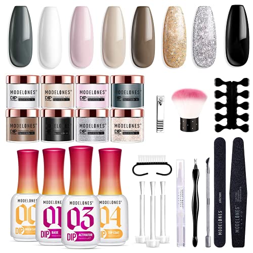 Dip Powder Nail Kit Modelones 8 Colors Dipping Powder Kit for Starter All in One Kit with Nail Dip Tools Set French Dip Nail Art Essential Kit 4pcs Dip Liquid 15ml/0.5oz