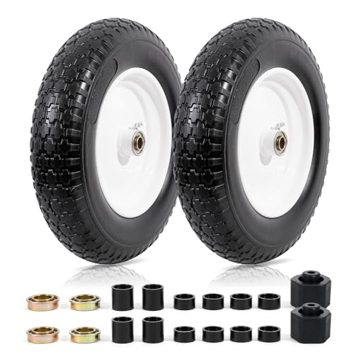 MZREXN 14.5' Wheelbarrow Tire Flat-Free 3.00/3.25/3.50/4.00-8' Solid Tire and Wheel with 3'-7' Centered Hub, 3/4' & 5/8' Bearings Replacement for Hand Truck/Dolly/Utility Cart/Garden Cart 2PCS White