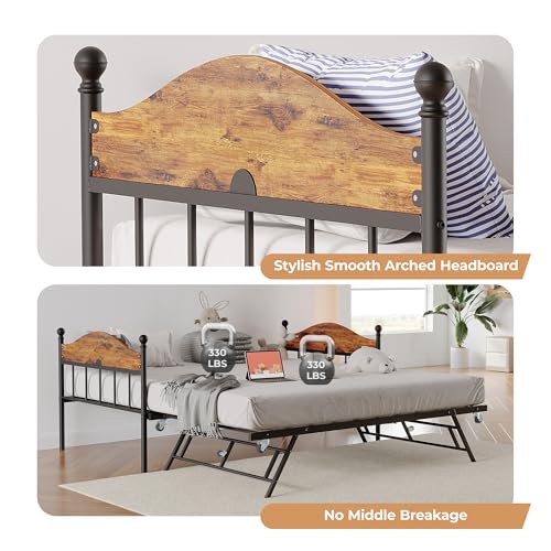 Image of Garvee Twin Daybed with Trundle, Twin Bed Frame with with Stylish Headboard, Heavy Duty Steel Slats Platform for Living Room, Bedroom, Brown