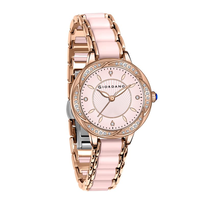 Image of Giordano Flower Case Watch for Women with Crystal-Studded Bezel, Diamond Hour Markers & Dual Tone Stainless Steel Strap