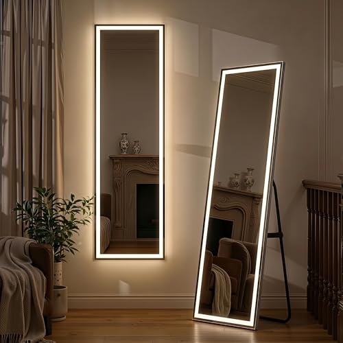 Full Length Mirror with LED Lights, 60"x16"Floor Mirror with Dimming & 3 Color Lighting, Free Standing Floor Mirrors, Lighted Full Body Mirrors for Bedroom, Dressing Room, Cloakroom