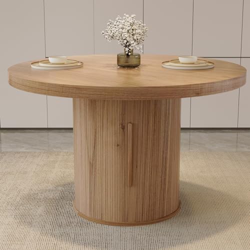 Image of HIPIHOM 43.3 inch Round Kitchen Table for 4-6 Modern Farmhouse with Storage Shelf, Waterproof Top for Small Space Dining, Office, Living Room (Walnut Color Table)