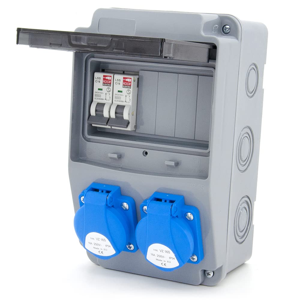 Distributore di corrente da costruzione cablato con fusibili e prese Schuko 2 x 230 V + 2 interruttori di circuito C16 1 polo, IP54, per interni ed esterni
