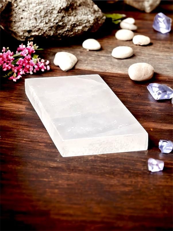 4All Plato rectangular de carga de cristal de selenita, rebanada blanca, 20 cm x 10 cm, piezas de declaración hechas a mano para meditación, limpieza y decoración del hogar (pulido)