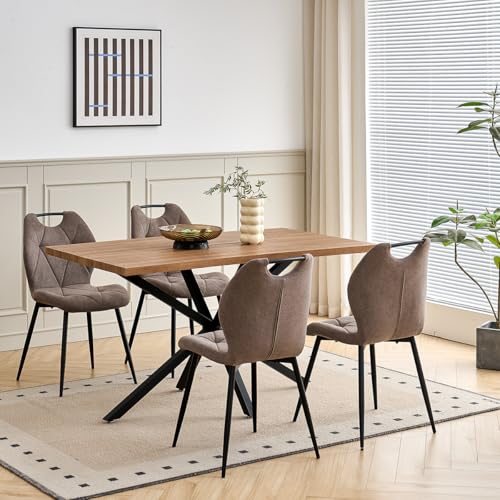 GrandCA HOME Juego de Mesa y Sillas de Comedor de 5 Piezas,Mesa Cuadrada de 140 cm,4 Silla de Comedor Tapizada en Lino,Adecuado para Cocinas,Comedores (veta de Madera Oscura+Marrón