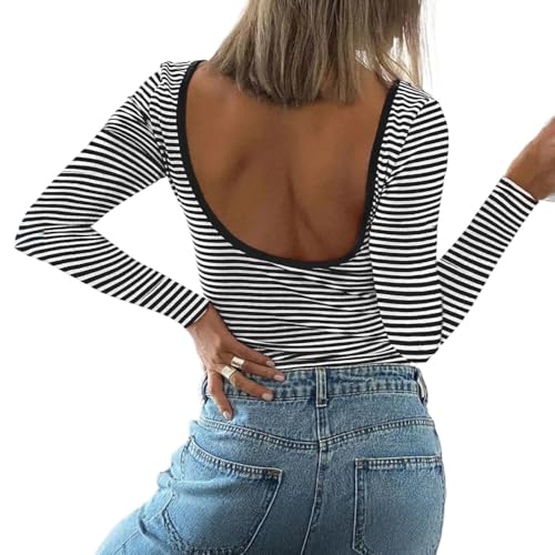 POHADON Chemise rayée sexy dos nu à manches longues Y2K vêtements coupe ajustée dos nu sortant t-shirts tendance, noir, Taille L