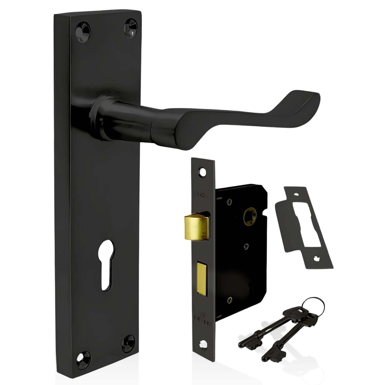 HANDLESTORE Victorian Scroll Locking Lever Backplate Door Handle - Pair of Handles with Sash Lock - Four Colours (Matt Black)