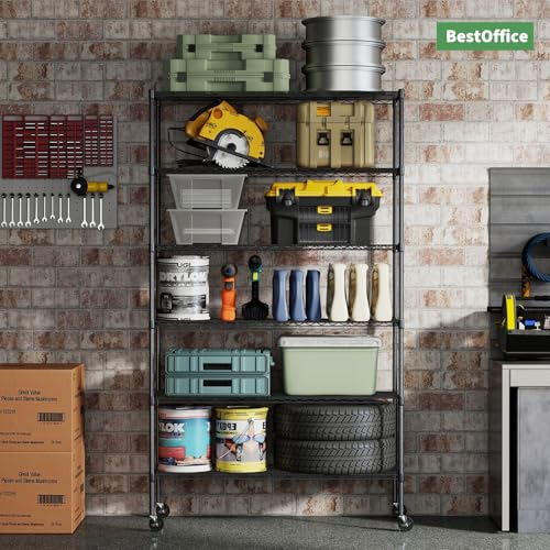 Image of BestOffice Storage Shelves 6 Tier Metal Shelves Adjustable Garage Shelving Wire Shelving Unit Capacity 2100LBS with Wheels for Kitchen, Garage Pantry Closet Commercial,Black