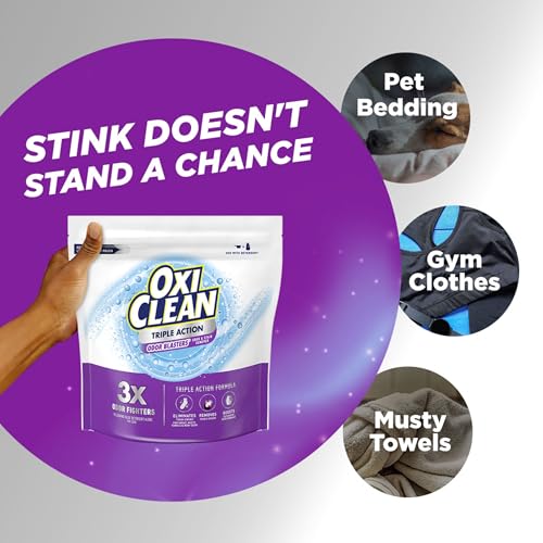 oxiclean triple action odor blasters odor and stain remover powder use with detergent eliminates tough odors and removes stains color safe and chlorine free 4 lbs
