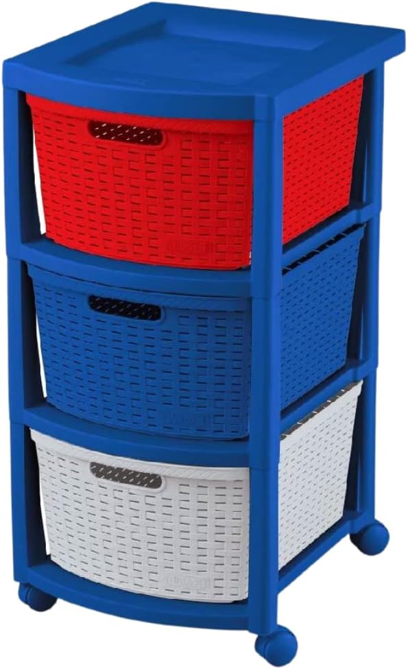 Plastic chest of drawers with 3 colored drawers, Drawer organizer 25in