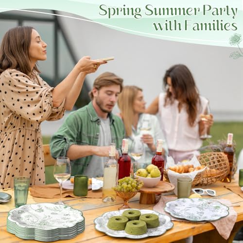 Image of Funnymoom 60 Pcs 7 inch Sage Green Floral Party Plates Vintage Floral Leaf Disposable Paper Plates Green Toile Scalloped Dessert Plate for Spring Wedding Bridal Baby Shower Tea Party Decoration Supplies