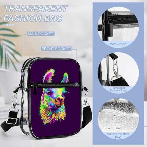 Colorful Alpaca Llama Portrait Clear Crossbody Bag Stadium Bag Adjustable Side Shoulder Bags Messenger Bag with 2 Compartments4
