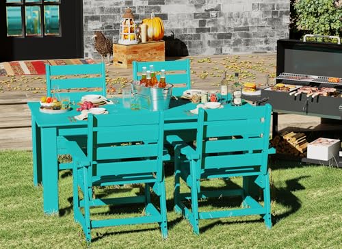 Image of GREENVINES Outdoor Dining Table | 67'' | HDPE | Rectangle Tables for 6 | All-Weather | Umbrella Hole | Patio Furniture | for Poolside Backyard Garden | Aqua