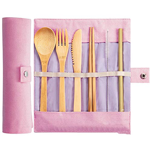 Ocamo 7-Piece Portable Children's Bamboo Cutlery Set with Straw Compatible with Travel Pink