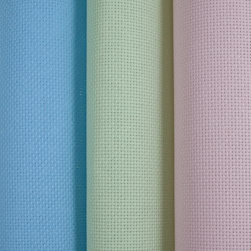 Image of KCS 3 pc of 15 inch x 18 inch(38cmx45cm) Counted Cross Stitch Cotton Aida Cloth Needlework Rolled Fabric Box,16CT,Light Blue+Pink+Light Green