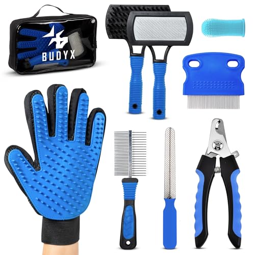 Kit per la toelettatura degli animali domestici BUDYX: pettini, spazzole, guanto per la toelettatura, tagliaunghie, lima per unghie, spazzolino da denti. Set per la toelettatura e l'igiene di cani