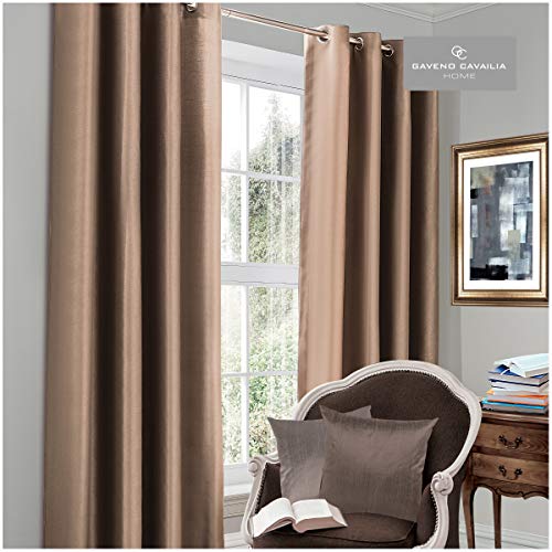 Gaveno Cavailia BlackOut Eyelet Curtains Latte, 100% Polyester Luxury Ring Top Drapery with Matching Tie Backs