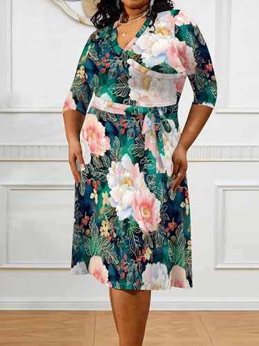 Image of PinkPatty Women's Plus Size Maxi Dress Print 3 /4 Sleeves V Neck Party Sundress Wedding Guest Dresses