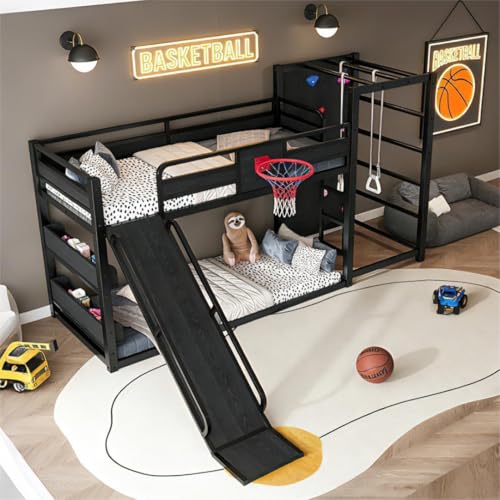 Image of Bellemave Bunk Bed Twin Over Twin with Slide, Basketball Hoop & Climbing Wall, Heavy Duty Metal Twin Bunk Beds for Kids with Guardrails, Low Bunk Bed for Bedrooms, No Box Spring Needed, Black
