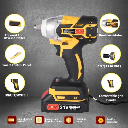 Image of STARQ Heavy Duty 21V Cordless Impact Wrench with 2 Batteries 2 Variable Speed Build-In LED Lights Forward & Reverse Switch Yellow