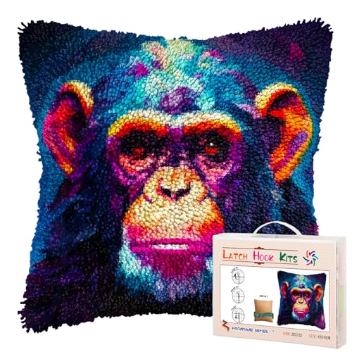 Portrait of Monkey DIY Latch Hook Pillow Kits for Adults Printed Pillowcase Crochet Yarns Hooking Handmade Pillow Cover Cushion for Home Sofa Decoration 17x17inch