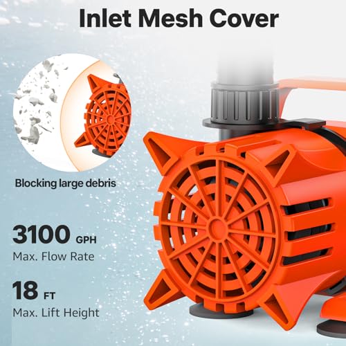 Image of DOKO 3100GPH Submersible Water Pump, 180 Ajustable Pond Pump with 20FT Power Cord 150W Ultra Quiet Aquarium Pump for Pond, Fountain, Waterfall, Fish Tank, Hydroponic, Statuary, Orange Black