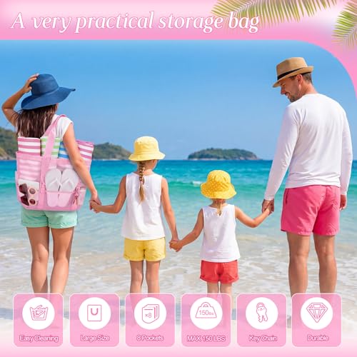 Image of Hillban Large Beach Mesh Bags Bulk for Women Beach Tote Bag with 8 Pocket Zipper Waterproof Sandproof for Pool Cruise Ship