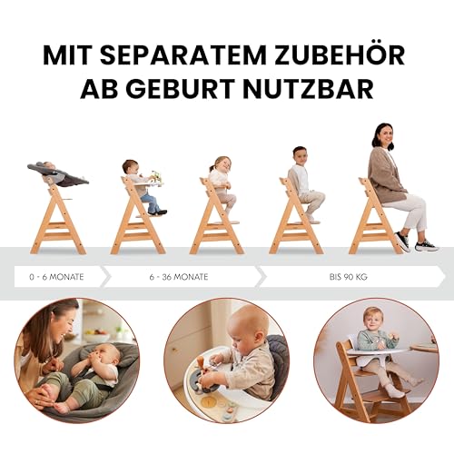 hauck Alpha+, Natur - Mitwachsender Holzhochstuhl aus Buche für Kinder ab 6 Monaten bis 90 kg - Inklusive 5 Punkt Gurt, Schrittgurt, Schutzbügel - Kompatibel mit viel Zubehör