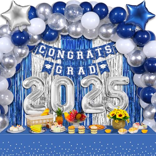 Graduation Party Decorations Class of 2025,Congrats Grad Banner Fringe Foil Curtain Grad Tablecloths Balloons Arch Garland Kit for College University Graduation Party Supplies, Blue and Silver
