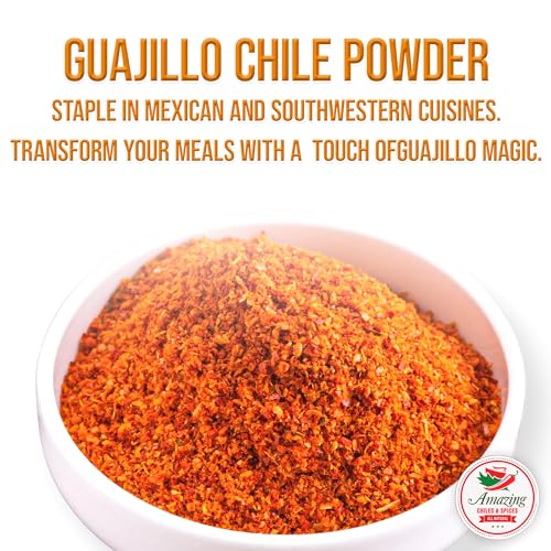 Guajillo Chile Powder Ground (8oz) – Natural and Premium. Great For Chili, Sauces, Stews, Salsa, Meat Rubs, Enchiladas, Mole and Tamales. Tangy Spicy-Sweet Flavor By Amazing Chiles and Spices