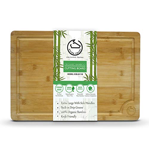 ShineTrust Organic Extra Large Bamboo Cutting Board with Juice Groove | Heavy Duty Serving Tray w/Handles - 18 x 12