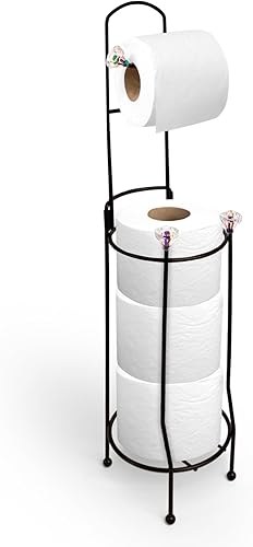 Inspired Living Soporte de papel higiénico de cristal iridiscente, duradero, de pie, de lujo, para baño, reserva con capacidad para 3 megarrollos,