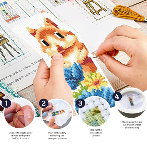 Image of FREEBLOSS 6 Set Cross Stitch Bookmark Kit Stamped Cross Stitch Kit for Beginners Embroidery Set with Instruction for Adult Dog, Squirrel, Giraffe, Deer, Fox, Cat, Flowers 8 inch*2.4 inch