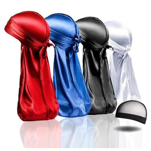 4PCS Silky Durags, Silk Durag for Men Women Waves, Silk Durag Pack with 1 Wave Cap, Silky Satin Durag Extra Long Tails(Red, Blue, Black, White)