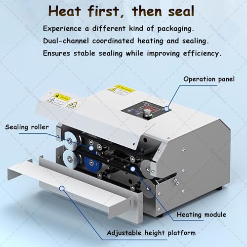 Sellador automático de bolsas con rueda de impresión, sellado térmico continuo de 6 m/min para bolsas comerciales de plástico, papel de aluminio y papel kraft