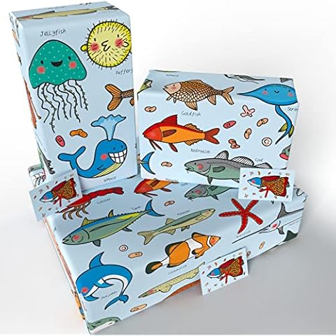 Re-wrapped - Childrens Cavallini Fish Wrapping Paper Blue - 3 sheets & tags - Birthday - 100% Recycled & Recyclable Luxury ECO Gift Wrap - for Kids Boys Girls Baby Cover
