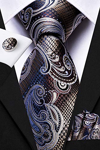 Image of Dubulle Mens Paisley Floral Silk Tie for Men Striped Necktie and Pocket Square Cufflinks Set Wedding Business