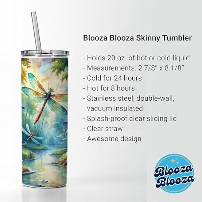 Dragonflies Forest Fantasy Watercolor Design Skinny Tumbler 20oz with Straw Insulated Water Bottle Gift