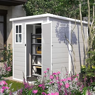 Praxatek 6x6 FT Outdoor Storage Shed, Waterproof Resin with Floor, Window, Lockable Door and Vents, Light Gray