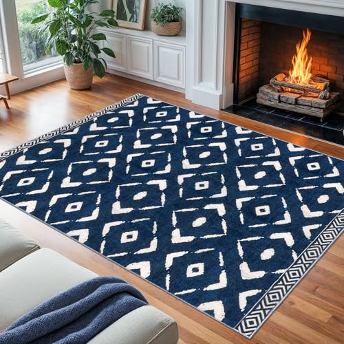 KILOCOCO Living Room Rug 8x10 Area Rug Printed Boho Washable Bedroom Rugs Non Slip Soft Large Moroccan Rubber Backed Indoor Rugs for Dining Room Office Farmhouse Geometric Carpet, Blue