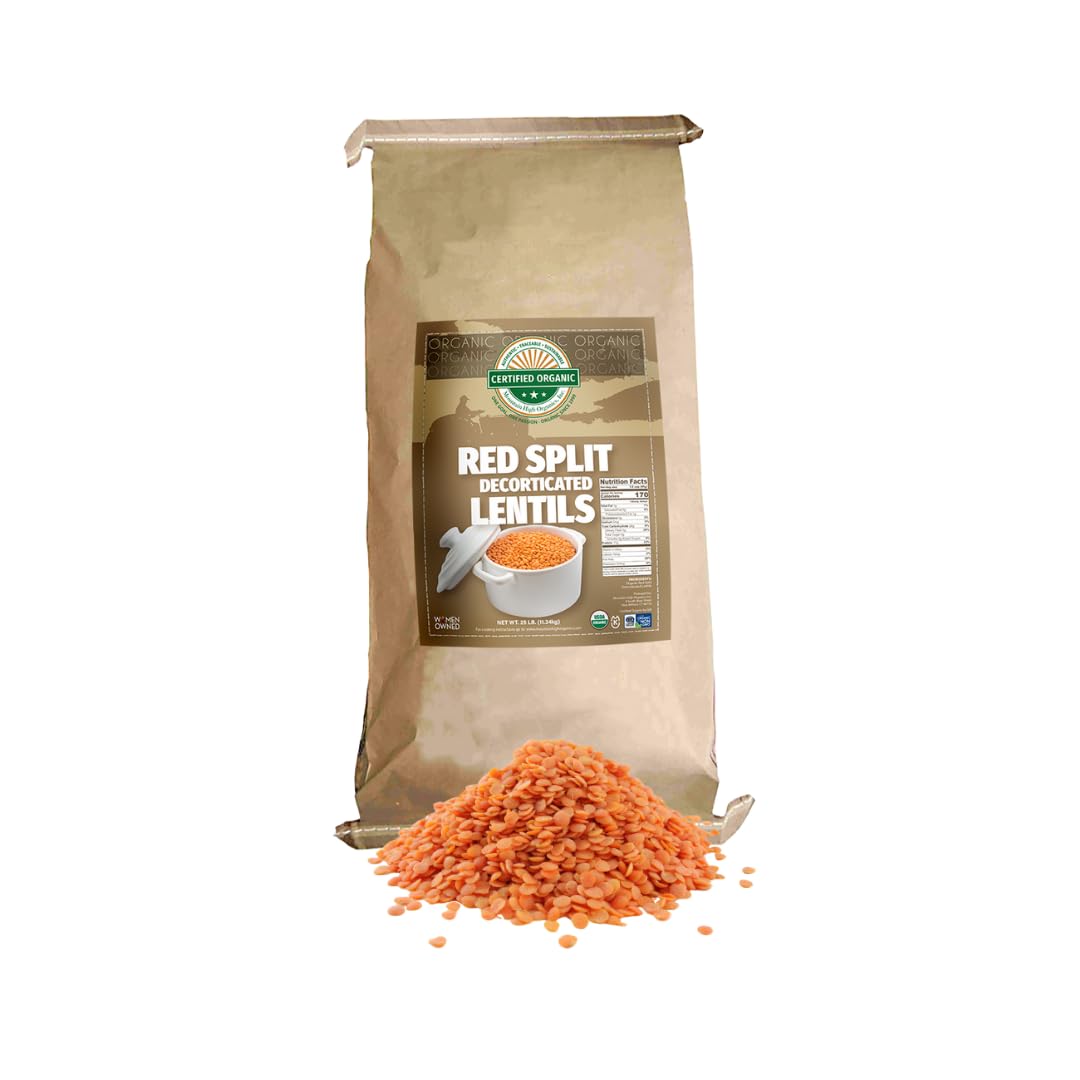 Mountain High Organics Certified Organic Dried Red Split Lentils, Bulk, Sproutable, Masoor Dal, Non GMO, Vegan, Plant Based Protein and Fiber,25 lb (Pack of 1)