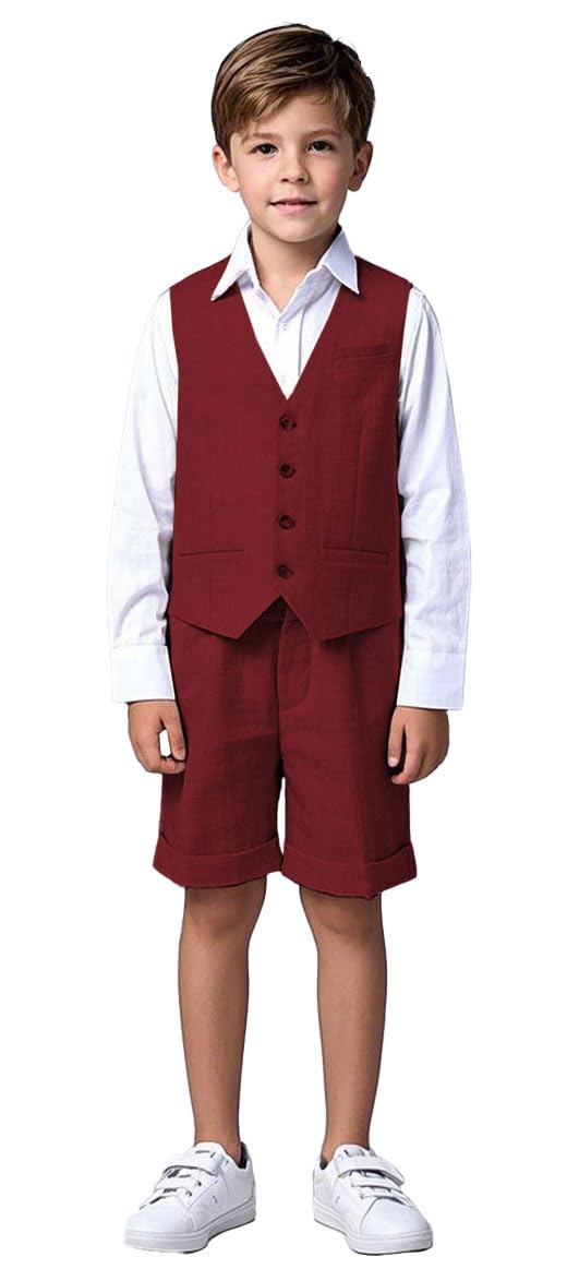 Ensemble short en lin pour garçon 2 pièces gilet pantalon tenue plage mariage ensemble smoking enfants