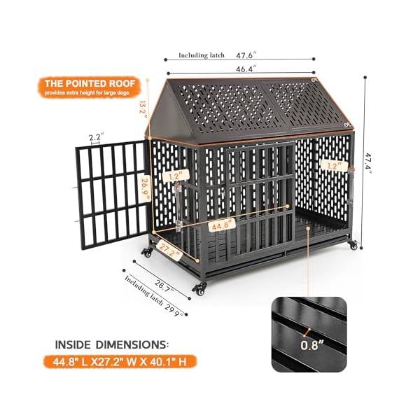Heavy-Duty-Dog-Crate-with-Self-Locking-Latch-for-High-Anxiety-Dogs-46-Inch-Indestructible-Large-Kennel-Indoor-Removable-Trays-and-Lockable-Wheels-Chew-Proof-Cage-with-Pointed-Roof Heavy-Duty-Dog-Crate-with-Self-Locking-Latch-for-High-Anxiety-Dogs-46-Inch-Indestructible-Large-Kennel-Indoor-Removable-Trays-and-Lockable-Wheels-Chew-Proof-Cage-with-Pointed-Roof