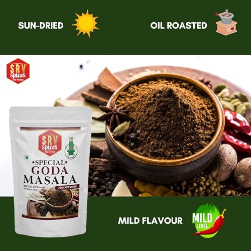 Image of SRV Spices Goda Masala - 250gm | Traditional Maharashtrian spices | Iron Pounded, Sweet Aroma, Preserves Natural Oils | Brahmani Puneri Kala Masala for Dal, Khichdi, Veg Curries & Bhaji