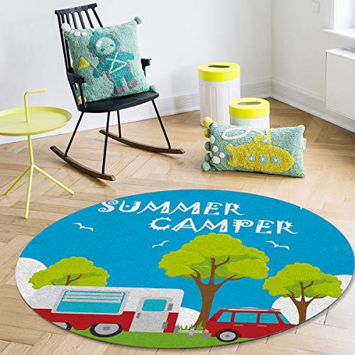 Round Area Rugs 3 Ft Diameter For Nursery Room Summer Holiday Happy Camping Camper Design Decorative Rug Carpet Floor Mat Yoga Mat For Boys Girls Playroom Home Decor #TOP3
