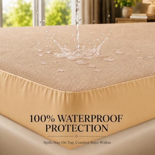 Image of BSB HOME Waterproof Terry Mattress Protector, Soft Cotton Terry Mattress Cover with Deep Pocket Fitted Sheet Style, Breathable & Noiseless Bed Protector, Single Bed- 36 x 72 +9 Inches - Warm Beige