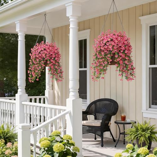 Image of 4 Bundles 29.5 inch Artificial Hanging Silk Flowers for Front Door(Rose Red) | Realistic Fake Morning Glory Flowers with Faux Eucalyptus, for Eave Porch Yard Garden Patio Balcony Home Outdoor Decoration